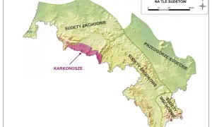 Mapa pokazuje lokalizację Karkonoszy na tle Sudetów Zachodnich, Środkowych i Wschodnich.