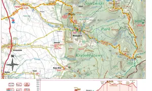 Mapa szlaku z zaznaczonymi etapami, wysokościami i czasami przejść. Idealna, by zaplanować, jak przygotować się do przejścia Głównego Szlaku Sudeckiego etapami.