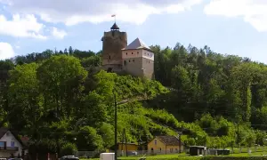 Zamek w Czchowie góruje nad zielonym wzgórzem, otoczony drzewami. U podnóża widać domy i drogę.