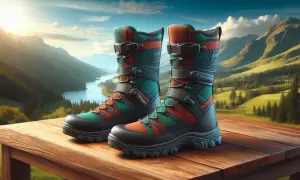 Kolorowe buty trekkingowe na drewnianym stole. W tle malowniczy krajobraz górski z jeziorem. Pomyśl o skutkach braku stuptutów na trasach w Sudetach wczesną wiosną.