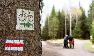 Szlak rowerowy (zielony) i szlak pieszy (czerwony) w polskich górach. Różnica między szlakiem czerwonym a czarnym jest widoczna na znakach.