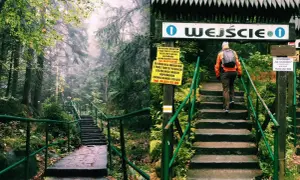 Pokonaj objawy lęku przed wejściem na Szczeliniec Wielki, wspinając się po kamiennych schodach w mglistym lesie.