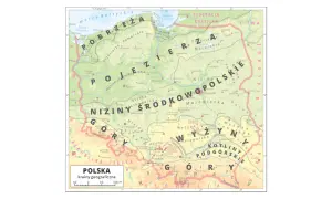 Mapa Polski z zaznaczonymi krainami geograficznymi. Gdzie są Karpaty i Sudety? Na południu kraju, wzdłuż granicy z Czechami i Słowacją.