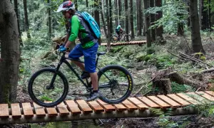 Różnica między trasą turystyczną a trasą rowerową singletrack glacensis: rowerzysta pokonuje drewniany mostek nad strumieniem w lesie.