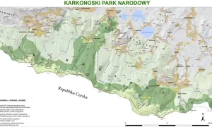 Mapa Karkonoszy, gdzie leżą te góry, pokazuje granice parku narodowego, szlaki turystyczne, ekosystemy leśne i nieleśne oraz tereny zabudowane.