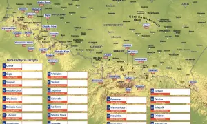 Mapa z zaznaczonymi szczytami i listą do zdobycia, by zrobić certyfikat korony gór Polski, zdobywając sudeckie szczyty.