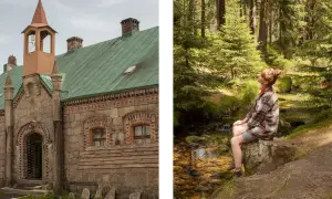 Kamienna stacja turystyczna Orle z zielonym dachem i wieżyczką. Obok młoda kobieta siedzi nad strumieniem w lesie.