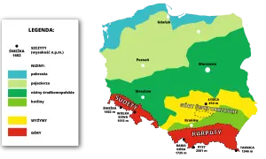 Mapa Polski z zaznaczonymi pasmami górskimi: Sudety, Góry Świętokrzyskie i Karpaty. Pokazuje, ile jest pasm górskich w Polsce.