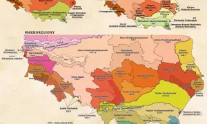 Mapa Polski z zaznaczonymi makroregionami, gdzie leżą Sudety (332.3, 332.6) i Przedgórze Sudeckie (332.1).