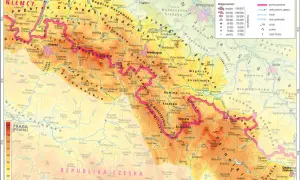 Mapa hipsometryczna Sudetów, ukazująca ukształtowanie terenu i rozmieszczenie miejscowości, odzwierciedla procesy geologiczne, które doprowadziły do powstania Sudetów.