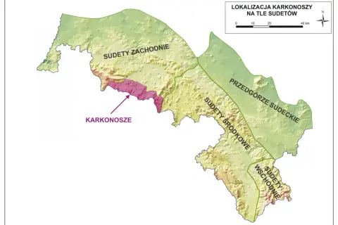 Mapa pokazuje lokalizację Karkonoszy na tle Sudetów Zachodnich, Środkowych i Wschodnich.