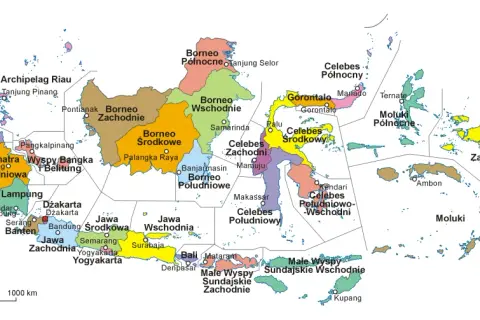 Mapa Indonezji z podziałem na prowincje. Planujesz podróż i zastanawiasz się, jakie mapy offline najlepiej działają na odległych wyspach Indonezji?