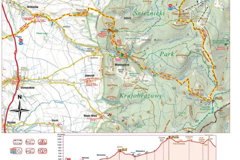 Mapa szlaku z zaznaczonymi etapami, wysokościami i czasami przejść. Idealna, by zaplanować, jak przygotować się do przejścia Głównego Szlaku Sudeckiego etapami.