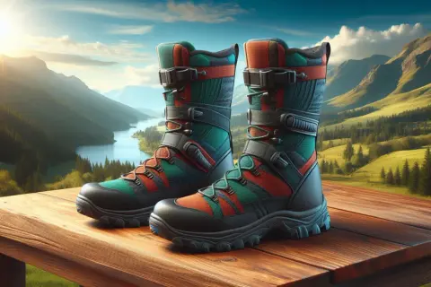 Kolorowe buty trekkingowe na drewnianym stole. W tle malowniczy krajobraz górski z jeziorem. Pomyśl o skutkach braku stuptutów na trasach w Sudetach wczesną wiosną.