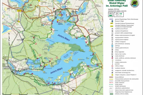 Mapa szlaku rowerowego wokół jeziora Wigry w Wigierskim Parku Narodowym.
