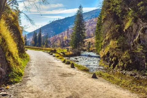 Droga w Dolinie Kościeliskiej, która ma 9 km, prowadzi wzdłuż potoku. Jesienne kolory gór i lasów.