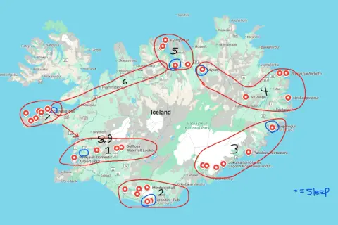 Mapa Islandii z zaznaczonymi punktami, jak zaplanować trasę dookoła Islandii w 10 dni lista punktów.