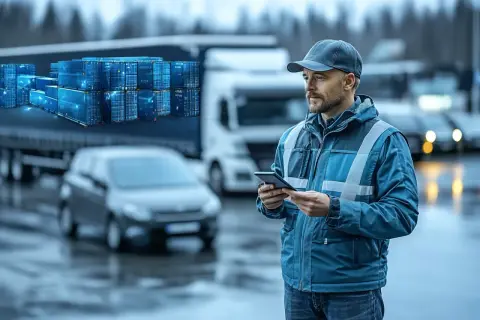 Logistyk planuje jak zorganizować logistykę trasy liniowej powrót do samochodu, korzystając z telefonu. W tle kontenery i ciężarówka.