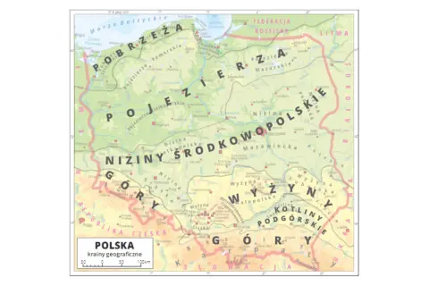 Mapa Polski z zaznaczonymi krainami geograficznymi. Gdzie są Karpaty i Sudety? Na południu kraju, wzdłuż granicy z Czechami i Słowacją.