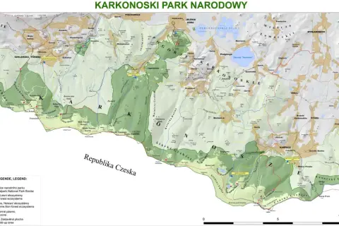 Mapa Karkonoszy, gdzie leżą te góry, pokazuje granice parku narodowego, szlaki turystyczne, ekosystemy leśne i nieleśne oraz tereny zabudowane.