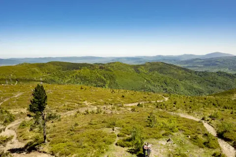 Widok z Baraniej Góry na Beskid Śląski. Zielone wzgórza i lasy, szlak turystyczny, dwie osoby wędrujące.
