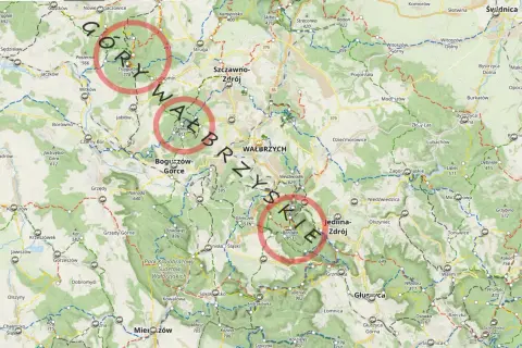 Mapa Gór Wałbrzyskich z zaznaczonymi trasami. Szukasz najlepszych tras w górach wałbrzyskich na krótki trekking? Sprawdź okolice Chełmca i Jedliny-Zdroju.