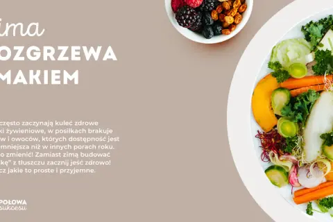 Zimowe jedzenie w góry: kolorowe warzywa i owoce na talerzu. Zadbaj o zdrowie zimą, wybieraj to, co najlepsze!