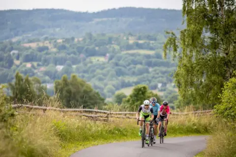 Trzech rowerzystów jedzie po asfaltowej drodze wśród zielonych wzgórz.