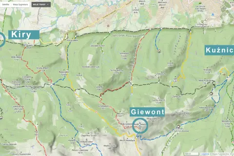 Mapa Tatr z zaznaczonymi szlakami. Widać szczyty takie jak Giewont, Kasprowy Wierch i Dolina Kościeliska. Podano informacje o tym, ile się wchodzi na Giewont.