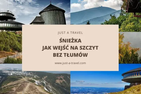 Widoki z szlaku na Śnieżkę: obserwatorium, drewniana wieża, góry, jesienne drzewa i panorama z lotu ptaka.