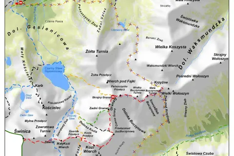Mapa Tatr z zaznaczonymi szlakami turystycznymi, jeziorami i szczytami.