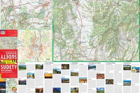 Mapa turystyczna Sudetów Wschodnich z zaznaczonymi najpiękniejszymi trasami poza Śnieżnikiem.