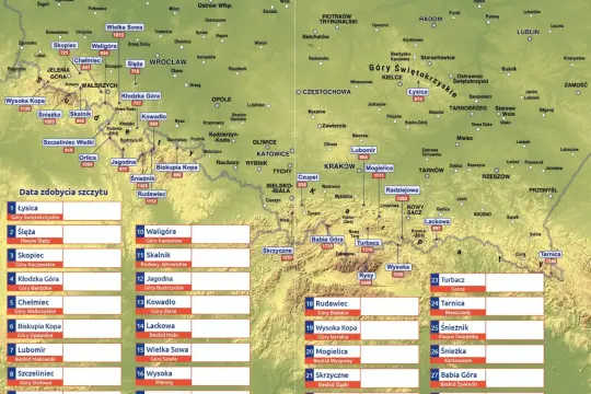 Mapa z zaznaczonymi szczytami i listą do zdobycia, by zrobić certyfikat korony gór Polski, zdobywając sudeckie szczyty.
