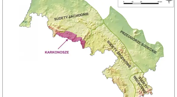 Mapa pokazuje lokalizację Karkonoszy na tle Sudetów Zachodnich, Środkowych i Wschodnich.