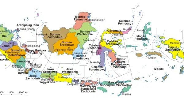 Mapa Indonezji z podziałem na prowincje. Planujesz podróż i zastanawiasz się, jakie mapy offline najlepiej działają na odległych wyspach Indonezji?