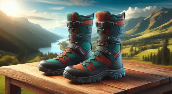 Kolorowe buty trekkingowe na drewnianym stole. W tle malowniczy krajobraz górski z jeziorem. Pomyśl o skutkach braku stuptutów na trasach w Sudetach wczesną wiosną.
