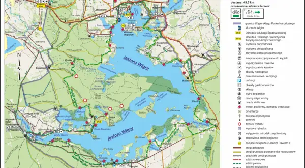 Mapa szlaku rowerowego wokół jeziora Wigry w Wigierskim Parku Narodowym.