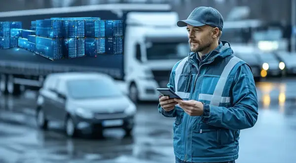 Logistyk planuje jak zorganizować logistykę trasy liniowej powrót do samochodu, korzystając z telefonu. W tle kontenery i ciężarówka.