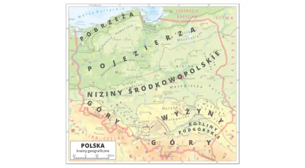 Mapa Polski z zaznaczonymi krainami geograficznymi. Gdzie są Karpaty i Sudety? Na południu kraju, wzdłuż granicy z Czechami i Słowacją.