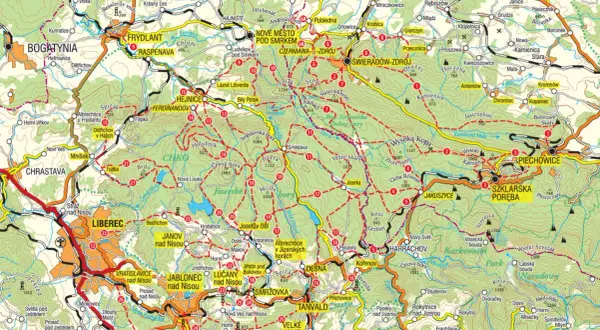 Mapa Gór Izerskich: skutki gwałtownej mgły w górach izerskich jak nie stracić orientacji. Widoczne szlaki, miejscowości i wzniesienia.