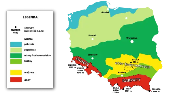 Mapa Polski z zaznaczonymi pasmami górskimi: Sudety, Góry Świętokrzyskie i Karpaty. Pokazuje, ile jest pasm górskich w Polsce.