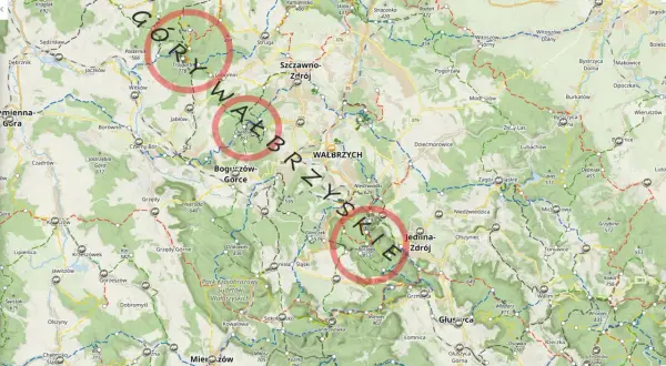 Mapa Gór Wałbrzyskich z zaznaczonymi trasami. Szukasz najlepszych tras w górach wałbrzyskich na krótki trekking? Sprawdź okolice Chełmca i Jedliny-Zdroju.
