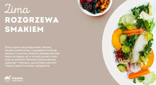 Zimowe jedzenie w góry: kolorowe warzywa i owoce na talerzu. Zadbaj o zdrowie zimą, wybieraj to, co najlepsze!