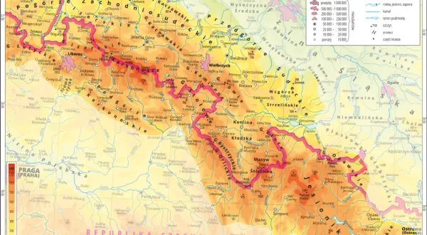 Mapa hipsometryczna Sudetów, ukazująca ukształtowanie terenu i rozmieszczenie miejscowości, odzwierciedla procesy geologiczne, które doprowadziły do powstania Sudetów.