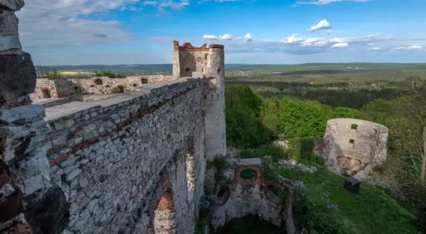 Ruiny zamku Tenczyn w Rudnie, z kamiennymi murami i wieżą, górują nad zielonym krajobrazem.