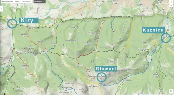 Mapa Tatr z zaznaczonymi szlakami. Widać szczyty takie jak Giewont, Kasprowy Wierch i Dolina Kościeliska. Podano informacje o tym, ile się wchodzi na Giewont.