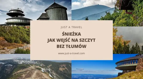Widoki z szlaku na Śnieżkę: obserwatorium, drewniana wieża, góry, jesienne drzewa i panorama z lotu ptaka.