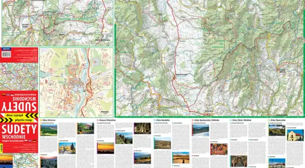 Mapa turystyczna Sudetów Wschodnich z zaznaczonymi najpiękniejszymi trasami poza Śnieżnikiem.