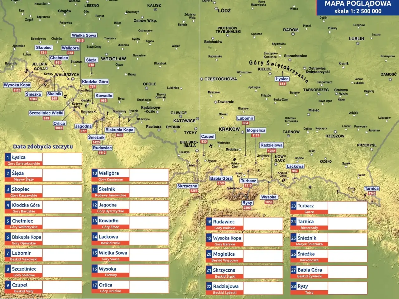 Mapa z zaznaczonymi szczytami i listą do zdobycia, by zrobić certyfikat korony gór Polski, zdobywając sudeckie szczyty.