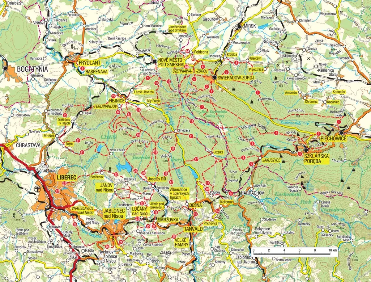 Mapa Gór Izerskich: skutki gwałtownej mgły w górach izerskich jak nie stracić orientacji. Widoczne szlaki, miejscowości i wzniesienia.